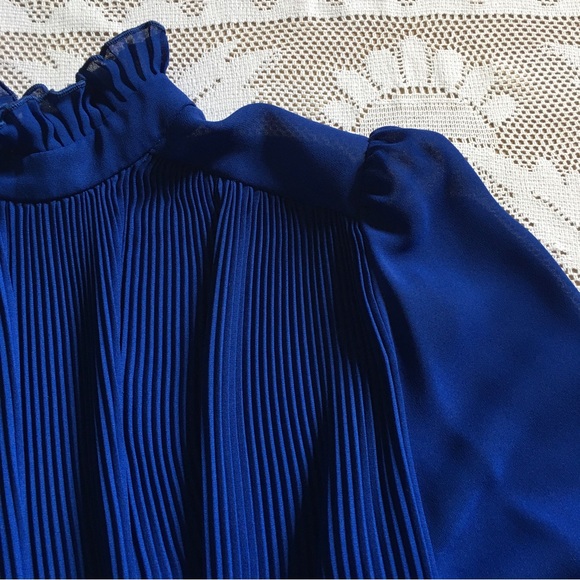 Vintage cobalt blue ruffle neck puff shoulder semi-sheer long sleeve midi dress - Picture 6 of 15